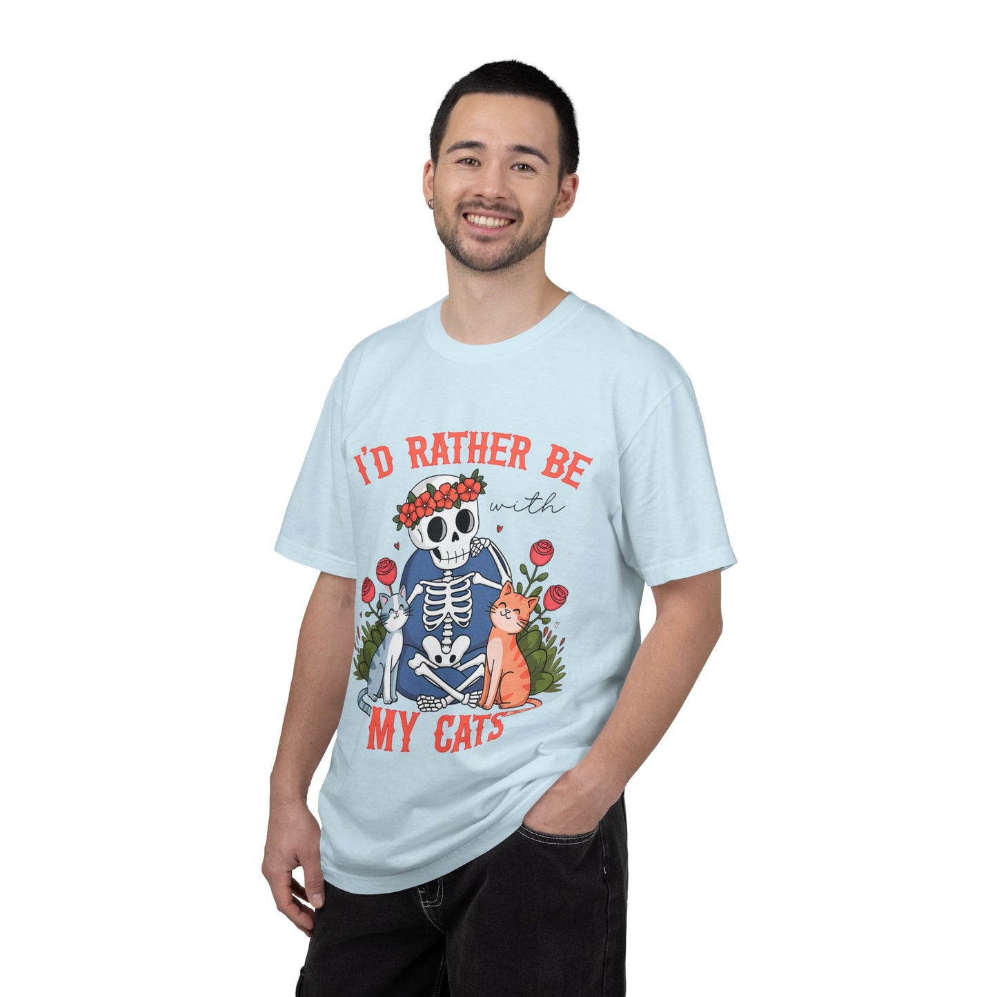 I'd Rather Be With My Cats T-Shirt — Cute Skeleton & Cats Graphic Tee for Cat Lovers