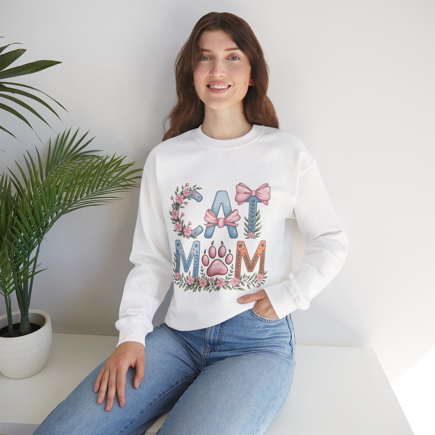 Cat Mom Crewneck Sweatshirt — Floral Paw Print Design
