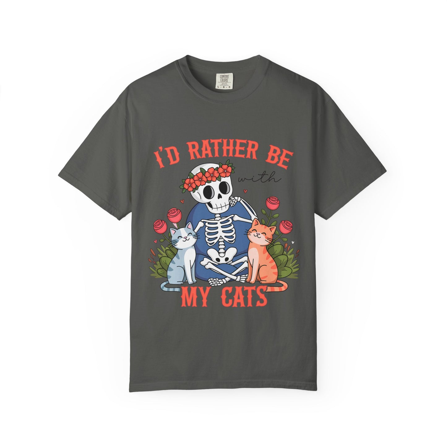 I'd Rather Be With My Cats T-Shirt — Cute Skeleton & Cats Graphic Tee for Cat Lovers