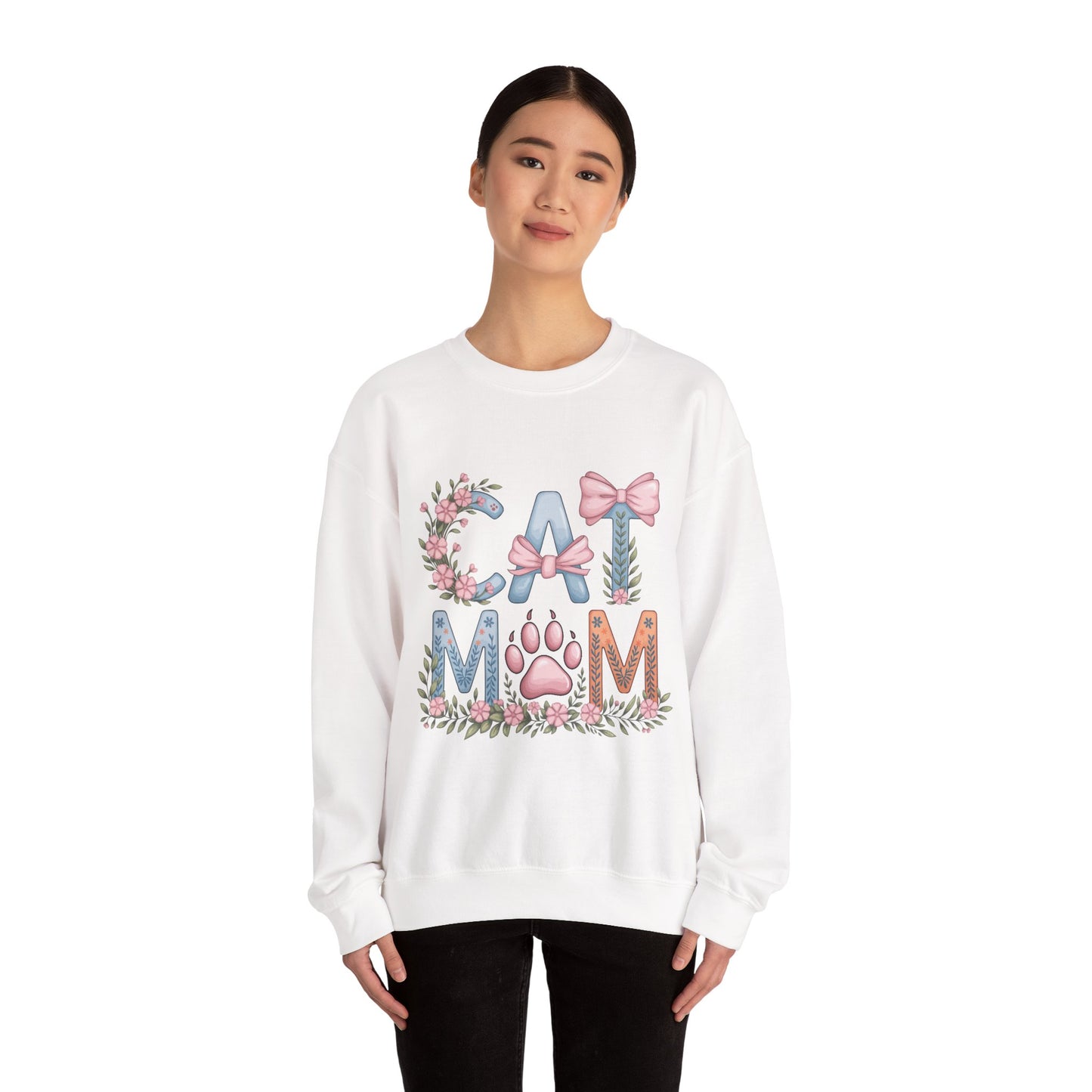 Cat Mom Crewneck Sweatshirt — Floral Paw Print Design
