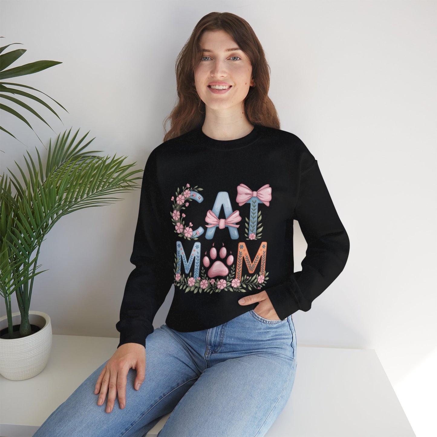 Cat Mom Crewneck Sweatshirt — Floral Paw Print Design