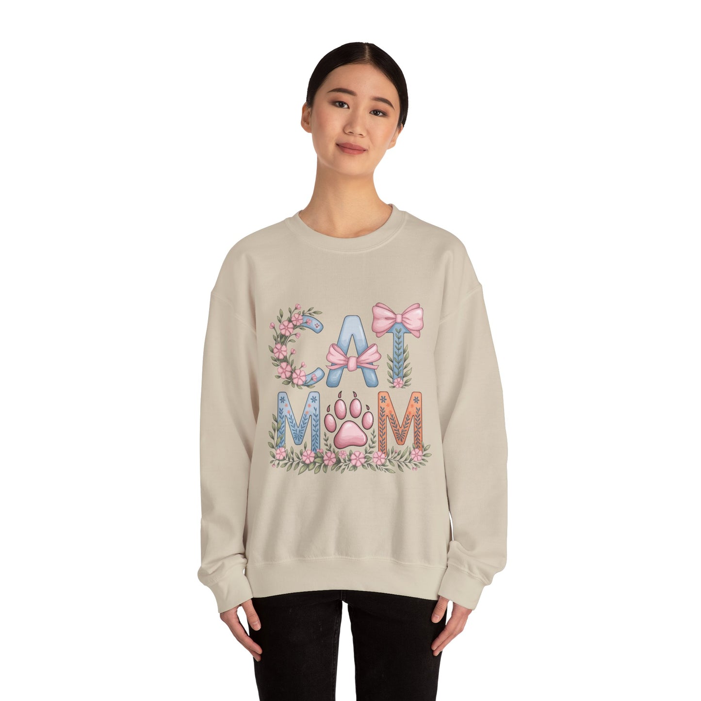 Cat Mom Crewneck Sweatshirt — Floral Paw Print Design