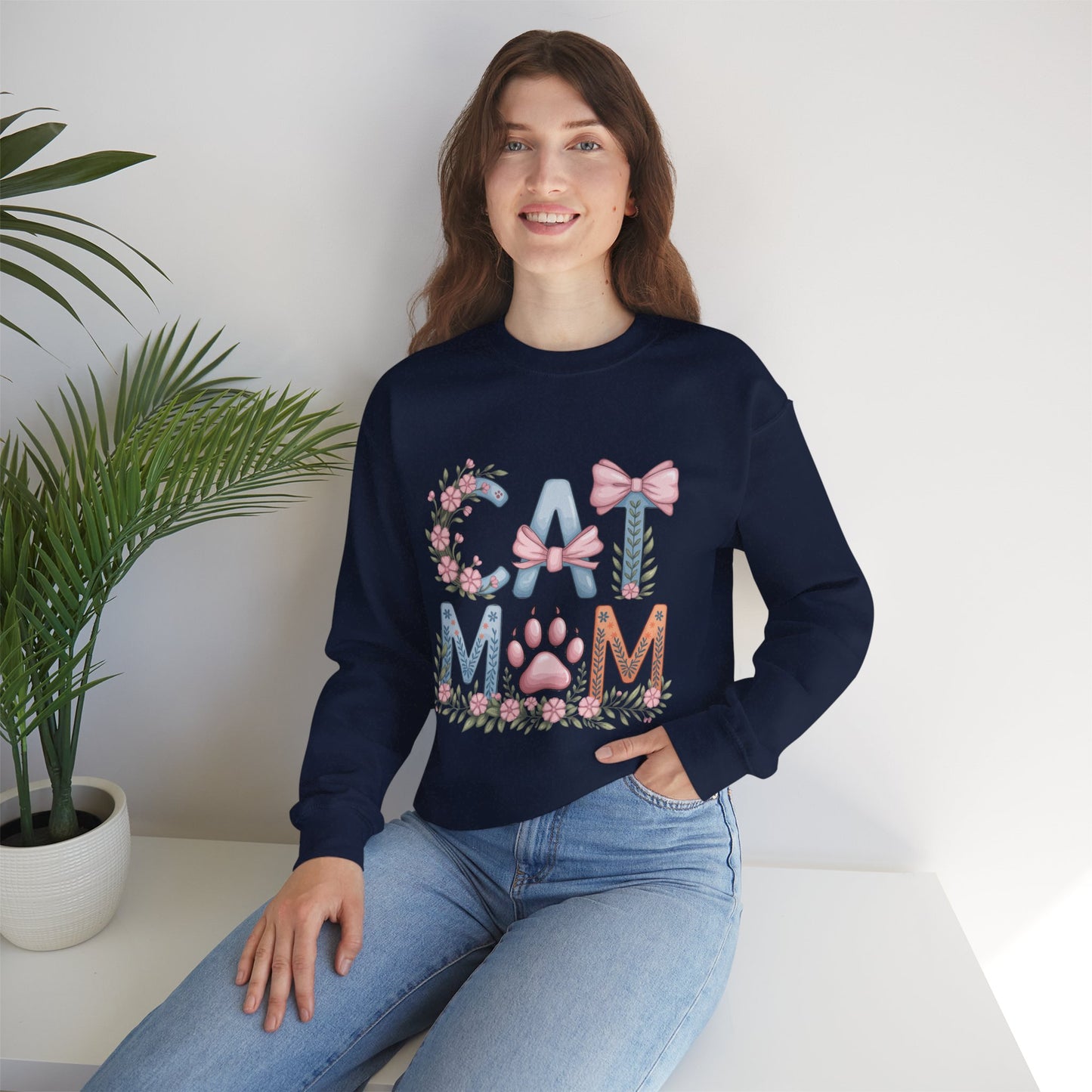 Cat Mom Crewneck Sweatshirt — Floral Paw Print Design