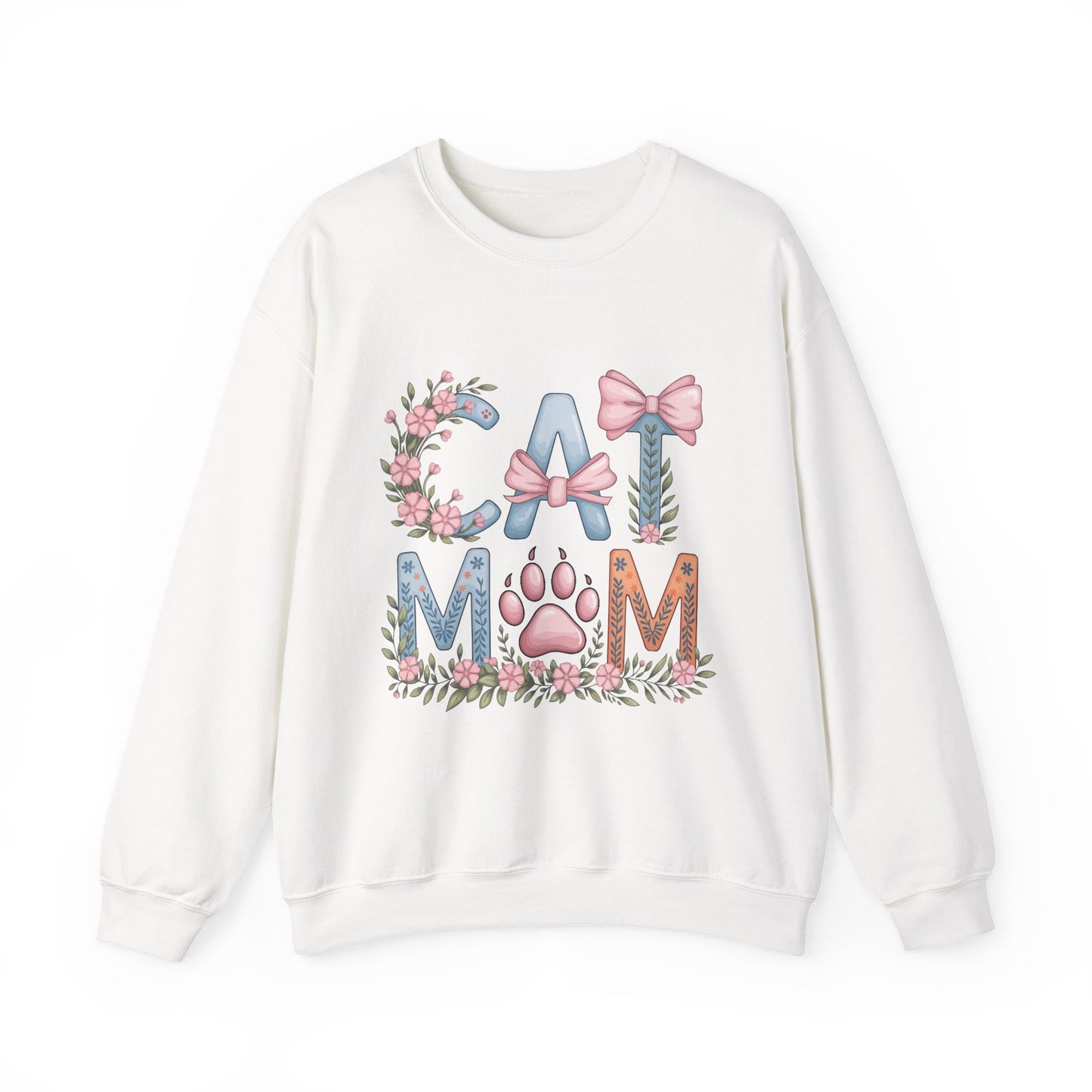 Cat Mom Crewneck Sweatshirt — Floral Paw Print Design