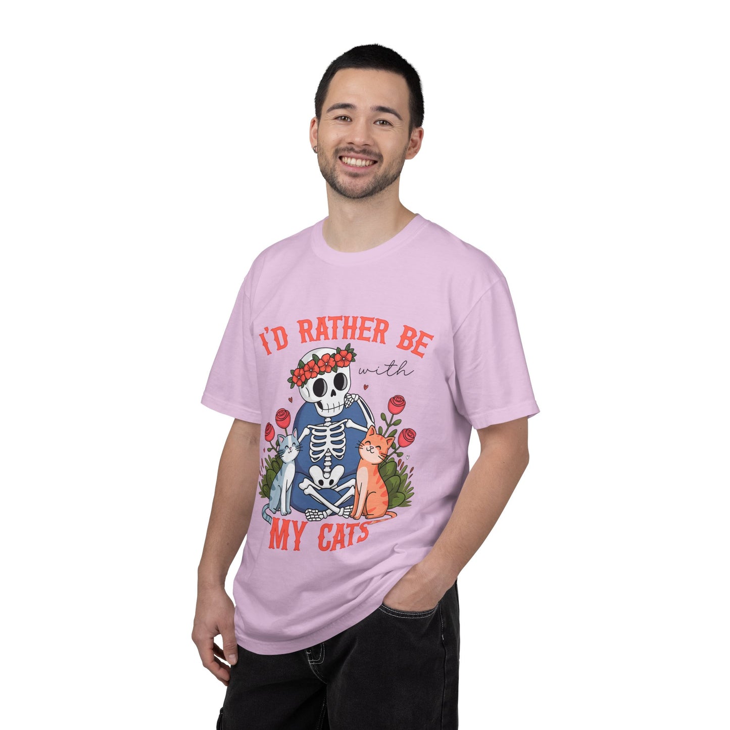 I'd Rather Be With My Cats T-Shirt — Cute Skeleton & Cats Graphic Tee for Cat Lovers