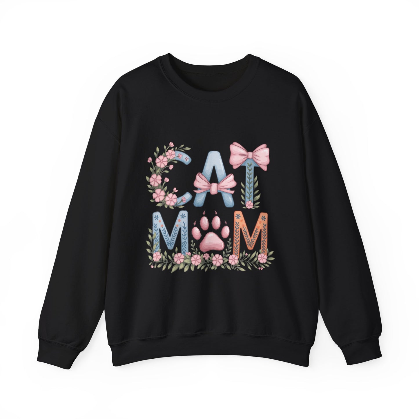 Cat Mom Crewneck Sweatshirt — Floral Paw Print Design