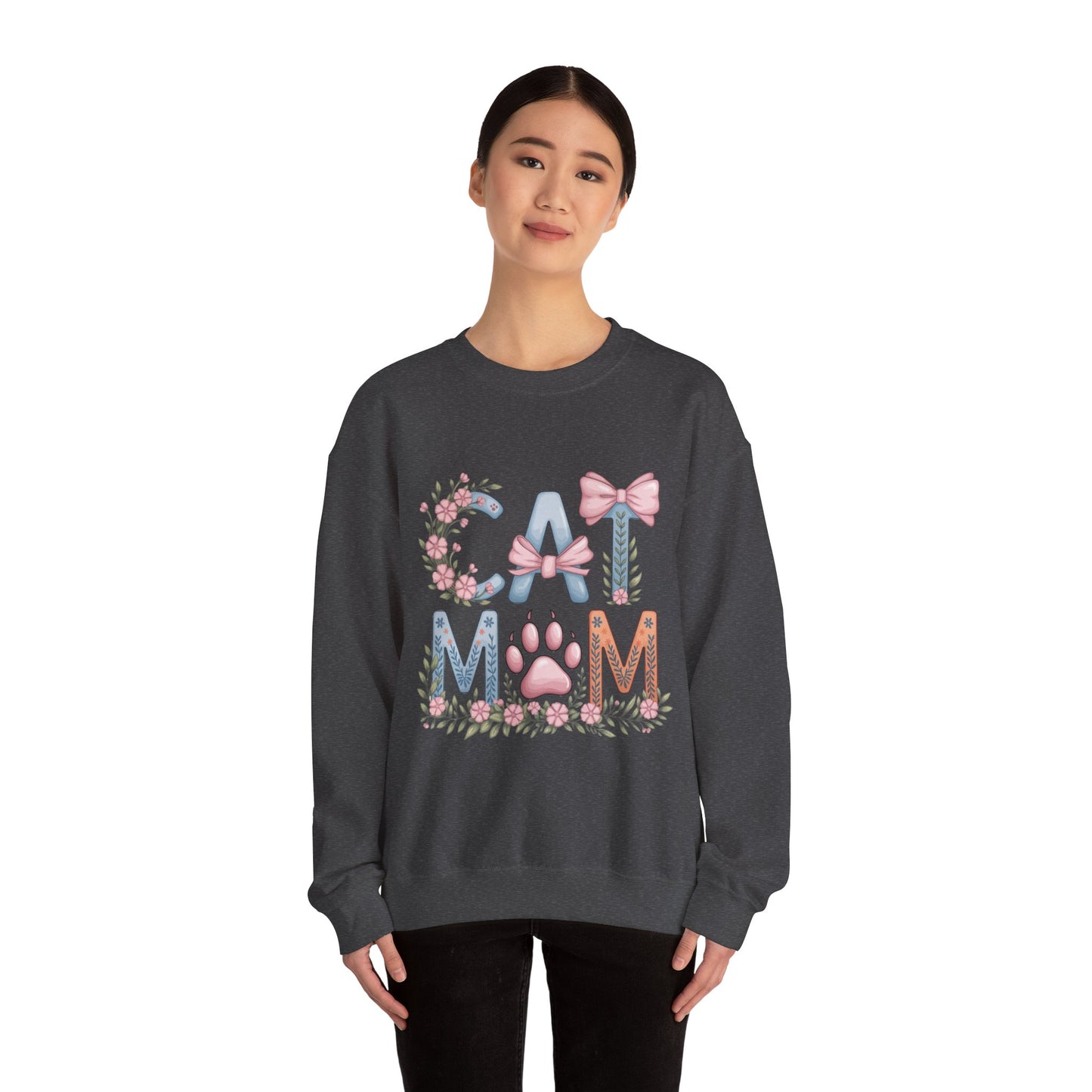 Cat Mom Crewneck Sweatshirt — Floral Paw Print Design