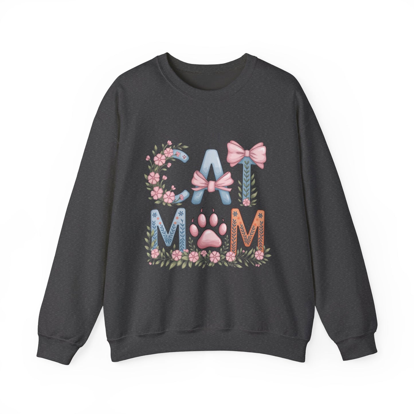 Cat Mom Crewneck Sweatshirt — Floral Paw Print Design