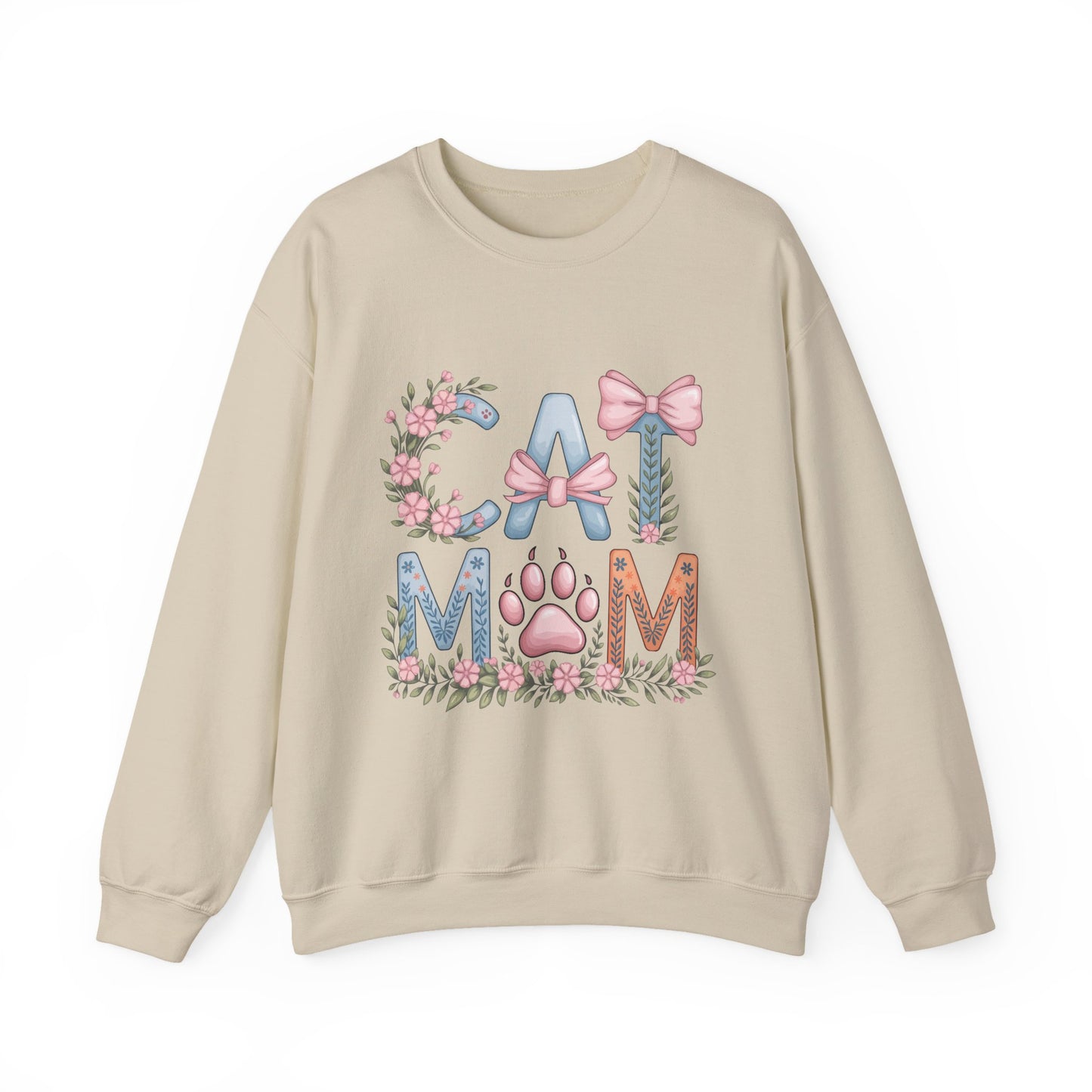 Cat Mom Crewneck Sweatshirt — Floral Paw Print Design
