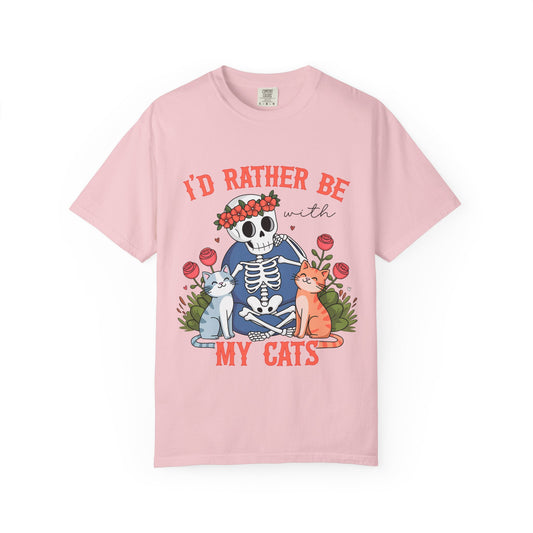 I'd Rather Be With My Cats T-Shirt — Cute Skeleton & Cats Graphic Tee for Cat Lovers