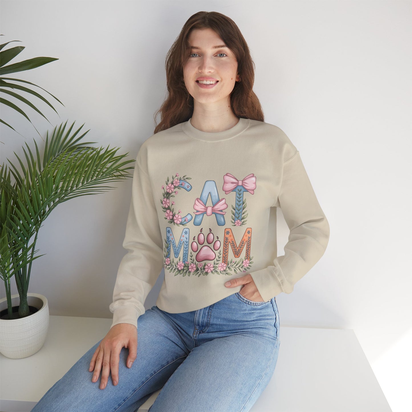Cat Mom Crewneck Sweatshirt — Floral Paw Print Design
