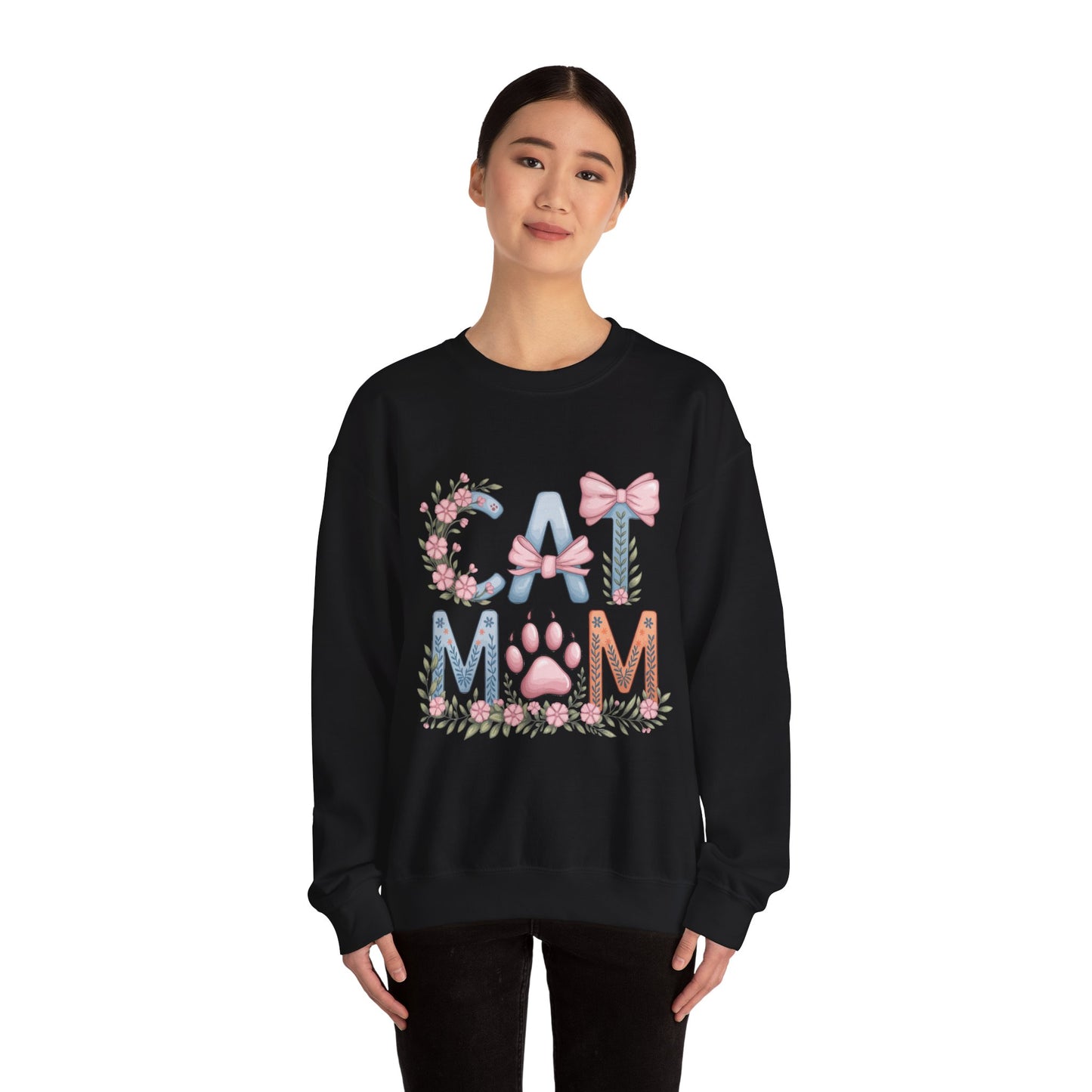 Cat Mom Crewneck Sweatshirt — Floral Paw Print Design