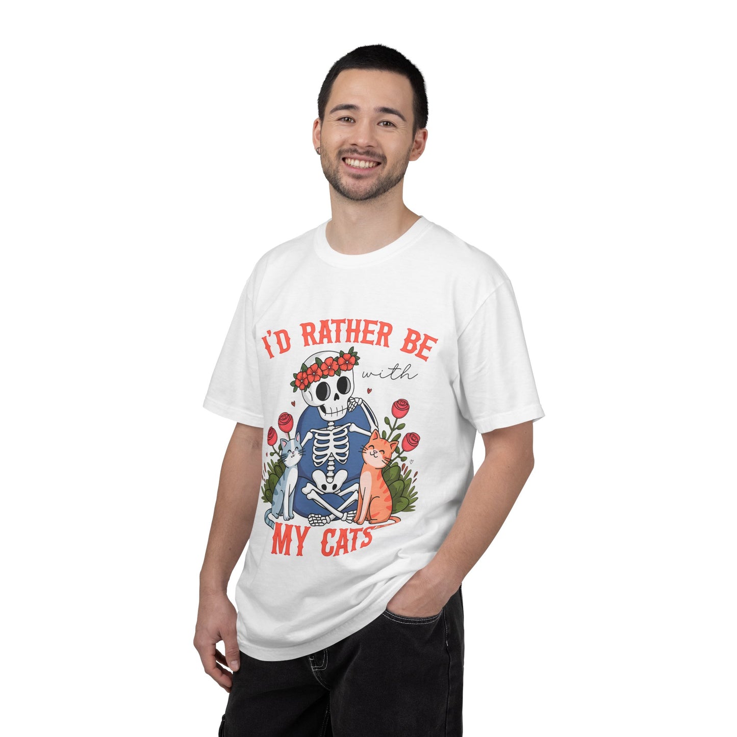 I'd Rather Be With My Cats T-Shirt — Cute Skeleton & Cats Graphic Tee for Cat Lovers