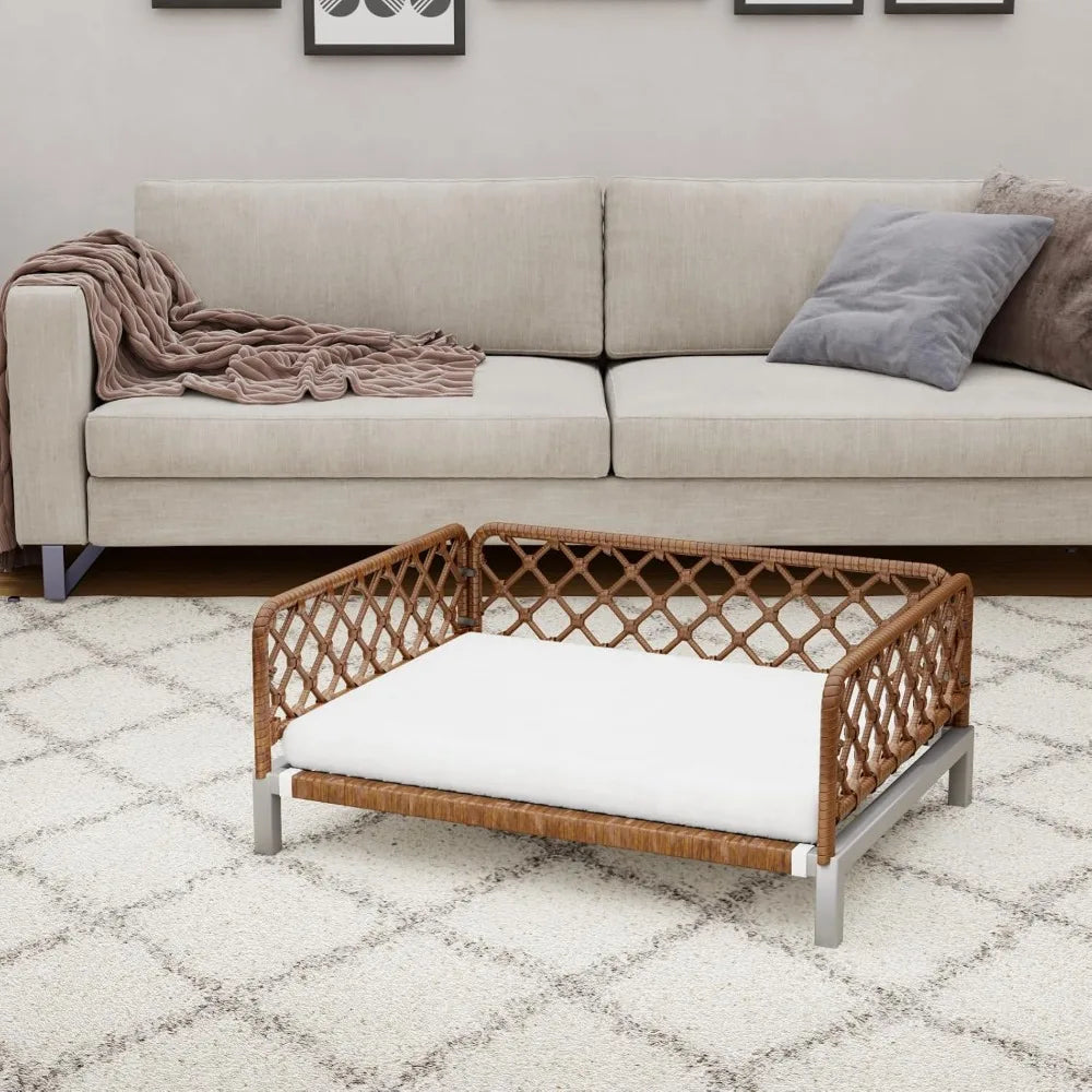 brown wicker orthopedic dog bed with removable washable cushion and egg crate foam support for outdoor use