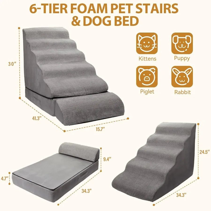 Dog Stairs Steps for High Beds up to 3036 inches 6 Step Foam Pet Steps for Small Dogs Old Pets 30 H NonSlip Dog Ramp for Bed Gr