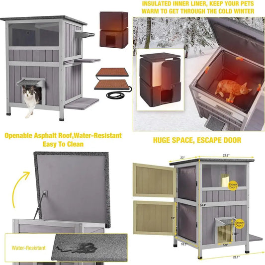 Two-Story Weatherproof Feral Cat Shelter - Wooden Cat Condos with Outdoor Heated Enclosure for Winter Protection