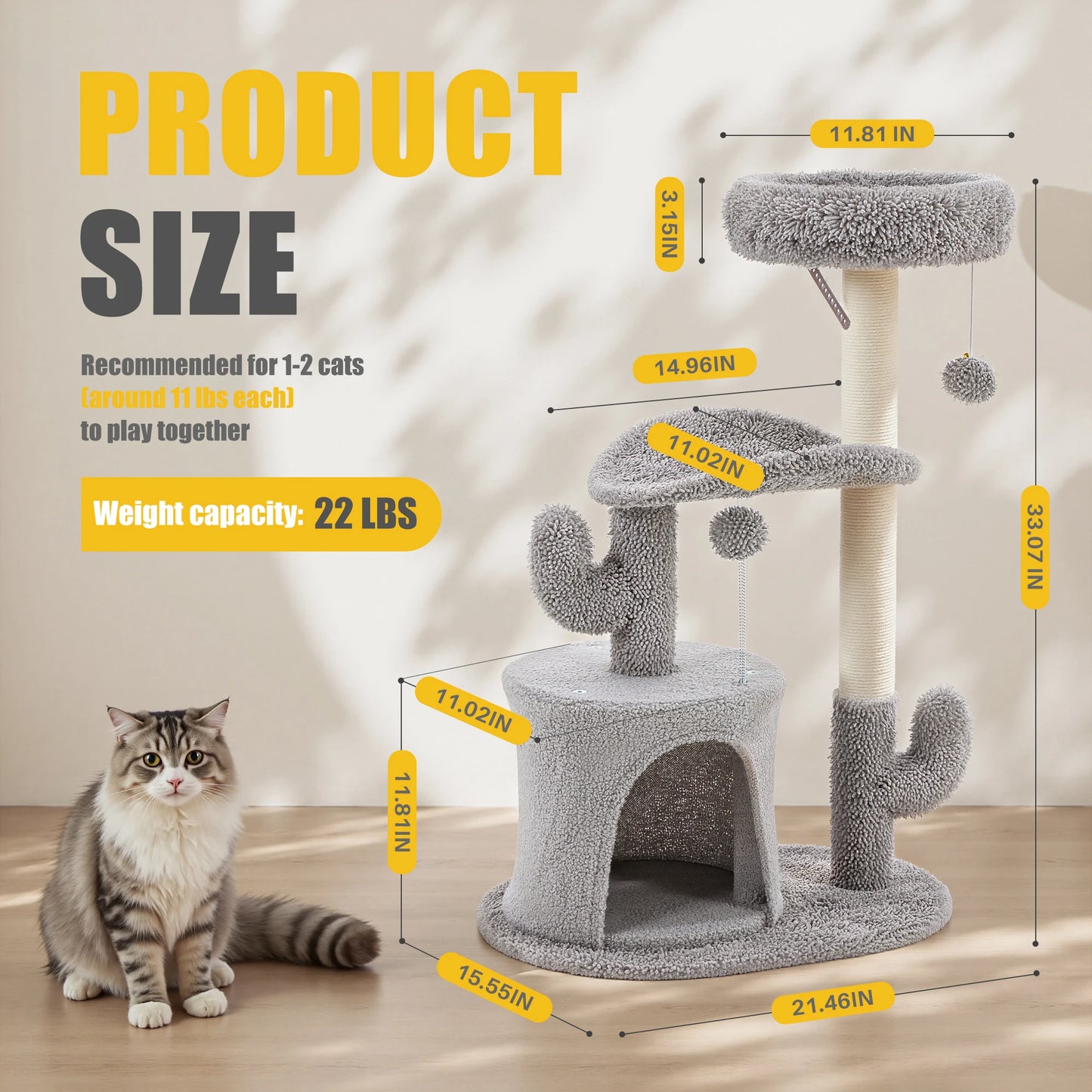 33IN Tall Multi-Level Cat Tree Tower for Indoor Pet Furniture Stable Kitty Play House with Sisal Scratching Post for Home
