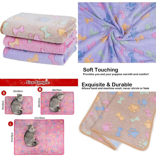 1 Pack 3 Dog Blankets, Soft Fluffy Fleece Pet Blanket Warm Sleep Mat Paw Print Design Puppy Kitten Throw Blanket Doggy Mat Blan