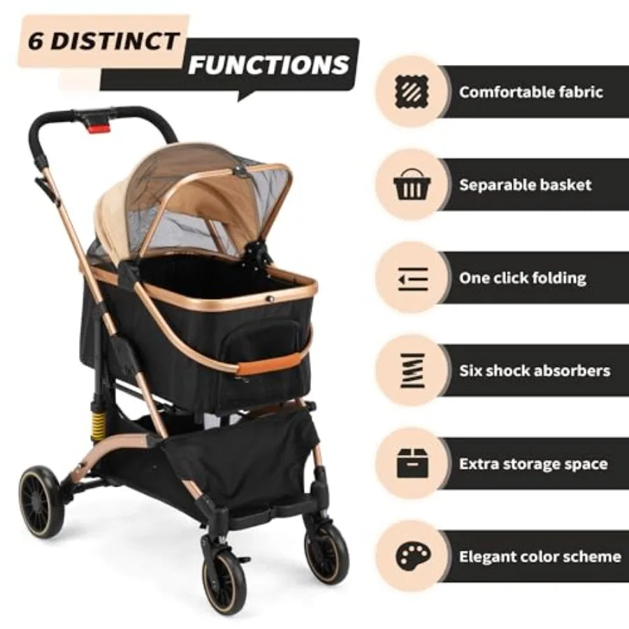 Dog Stroller for Pets One Hand Fold Puppy Stroller with 6 Shock Absorbers Removable Cabin Storage Basket 4 Wheels Dual Brakes R