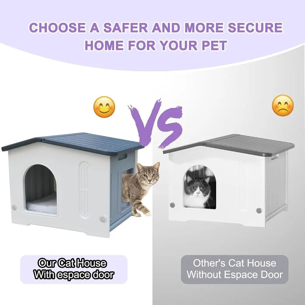 Weatherproof Indoor/Outdoor Plastic Cat House with Escape Hatch, Soft Mat, and Easy Assembly - Grey