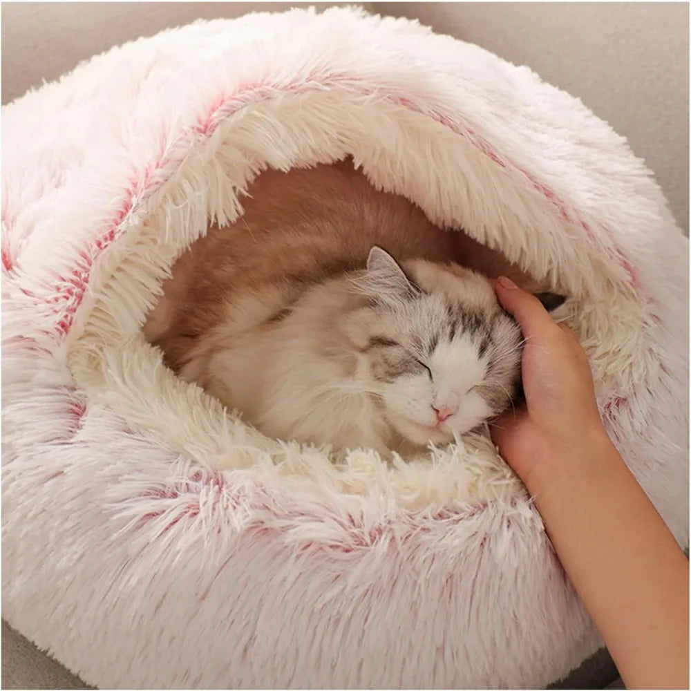 Faux Fur Donut-Shaped Hooded Warm Cat Bed with Plush Comfort for Cozy Resting