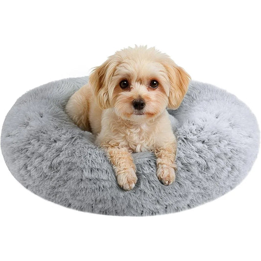 Round Calming Fluffy Plush Faux Fur Cushion Bed for Small Medium Dogs and Indoor Cats with AntiSlip Bottom Donut Cuddler Warmin