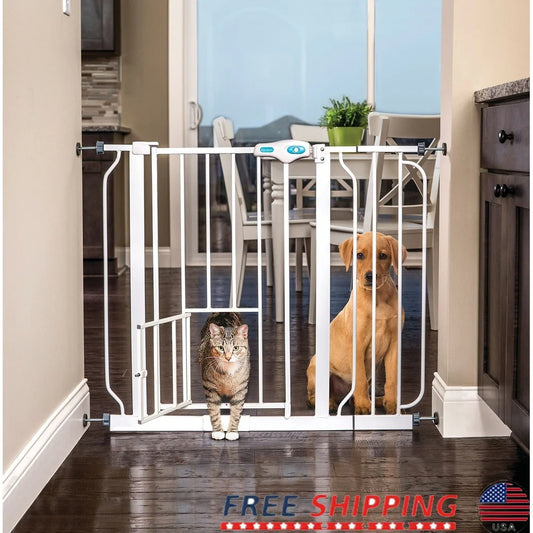 Extra Wide Metal Dog Pet Gate with Small Door One Hand Opening Quick Assembly Neutral Color Home Safety