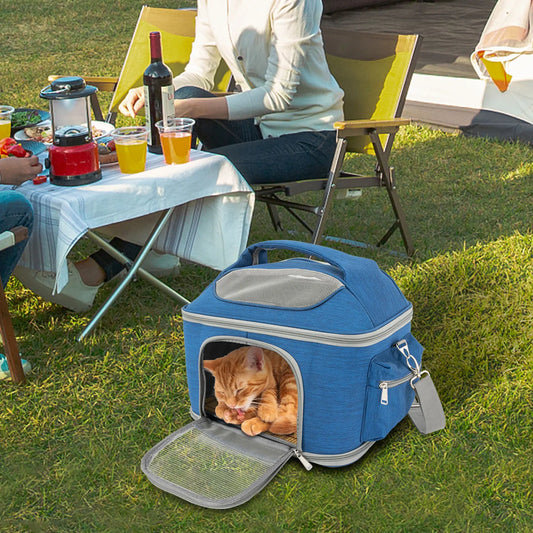 Blue Collapsible Pet Carrier | 600D Oxford Waterproof Travel Bag for Cats, 7kg Capacity, Outdoor Hiking