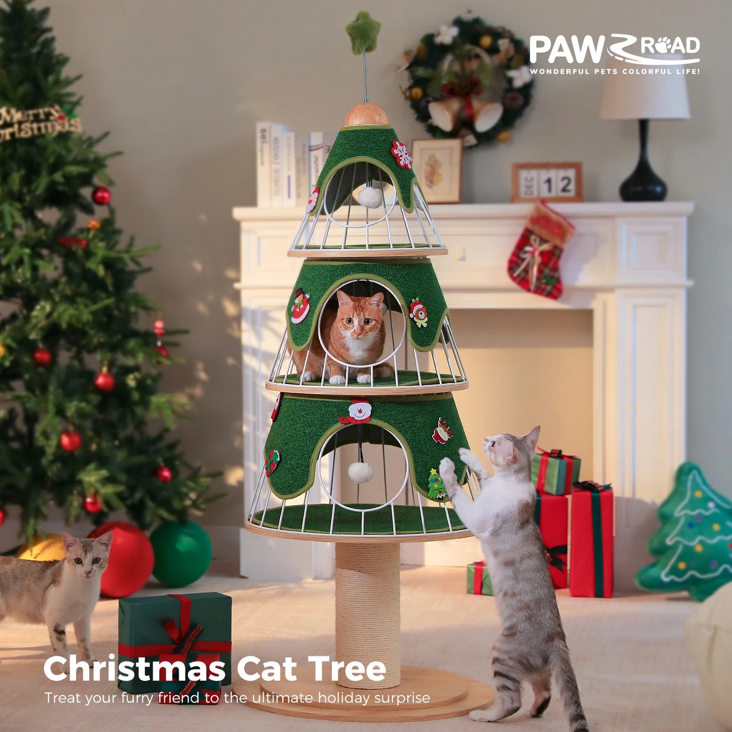 Christmas Cat Tree Tower with 3 Cozy Condos & Pompoms Multi-Level Cat House Bed for Indoor Cats Modern Cat Furniture Cat Toys