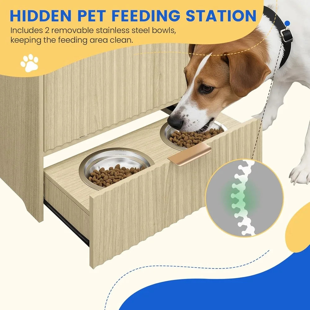 Elegant Dog Feeding Station with Elevated Bowls Storage Container Tilt-Out Food Cabinet Stylish Pet Feeder Supplies