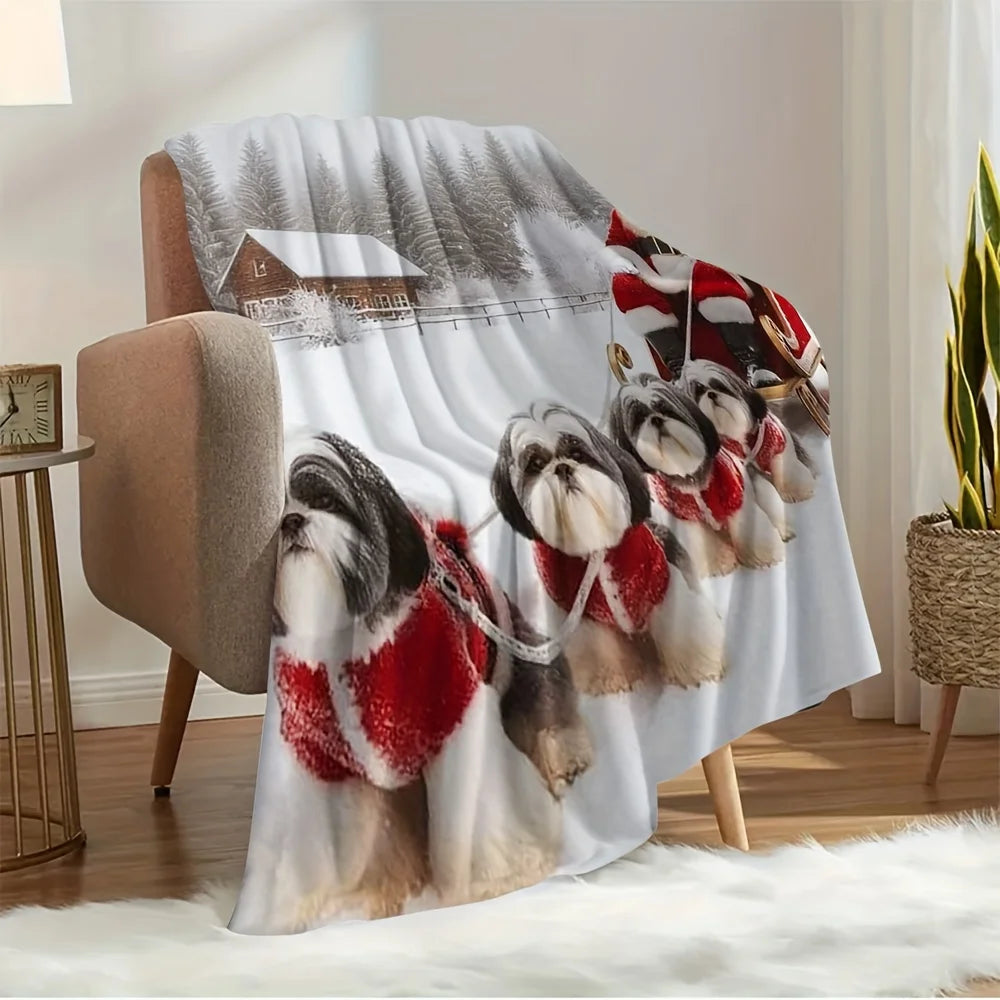 Flannel Throw Blanket - Shih Tzu Dogs & Santa Sled Winter Scene - Soft Cozy All-Season Bedspread - Red & White Christmas Design