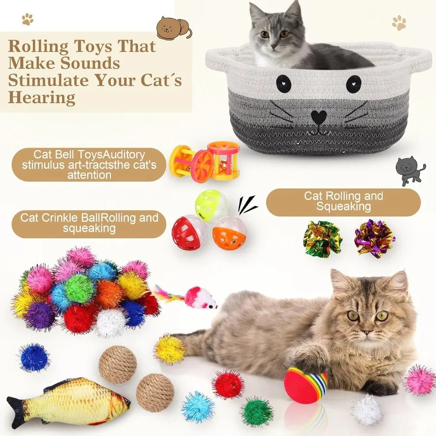 58 Pcs Cat Storage Basket Gift Toys Set Colorful Flashing Balls Pet Bell Crinkle Balls Spring Toys Attract Cat to Swat Bite Hun
