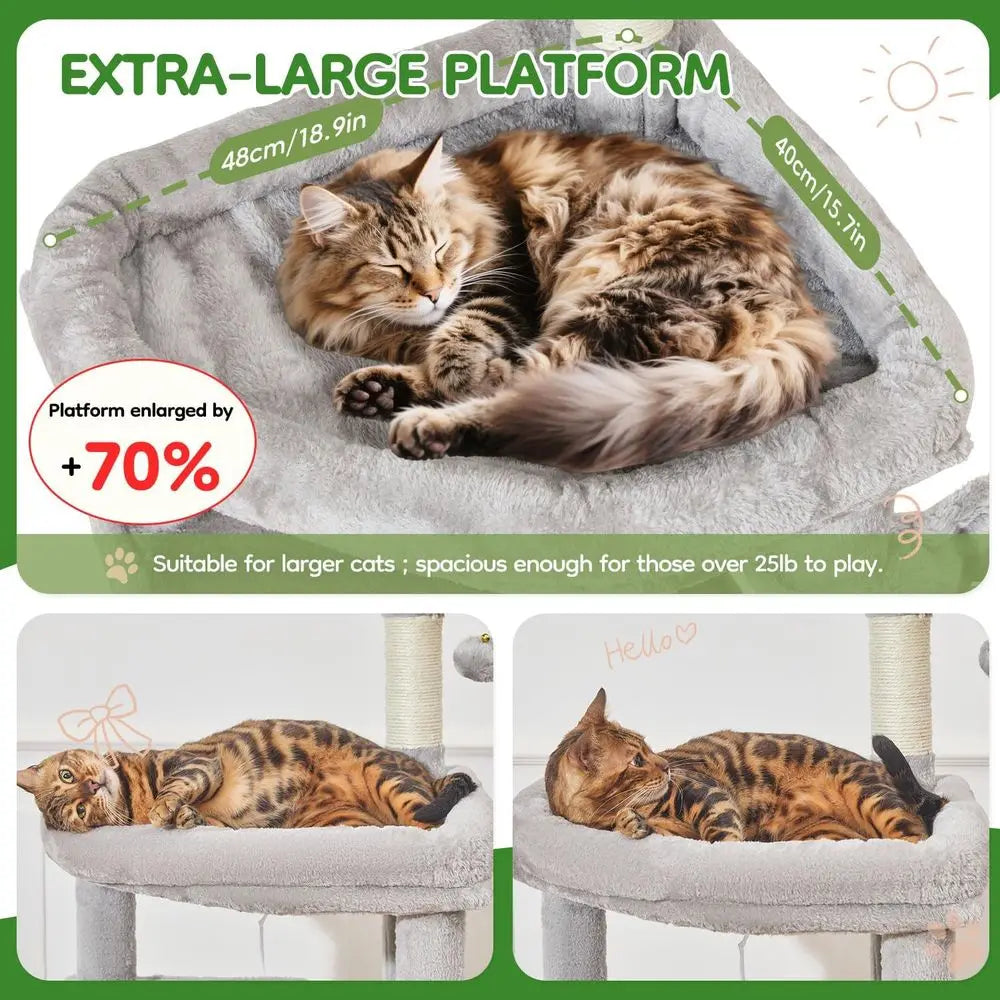 66 Large Cat Tower with Scratching Posts, Plush Hammock, Adjustable Basket, and Top Perch in Light Gray