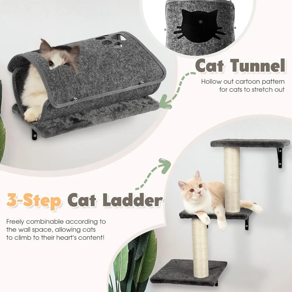 7-in-1 Wall Mounted Cat Climber Set, Cat Furniture Set with House, Bridge, Tree, Steps, Scratcher, DIY Playground, Shelves for