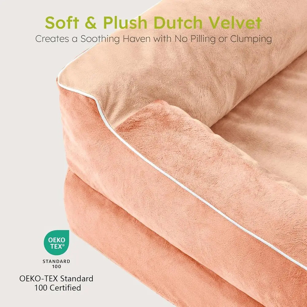 XL Orthopedic Cooling Gel Dog Bed with Waterproof Removable Cover, Peach Pink Sofa Couch, 42, Includes Bone Toy