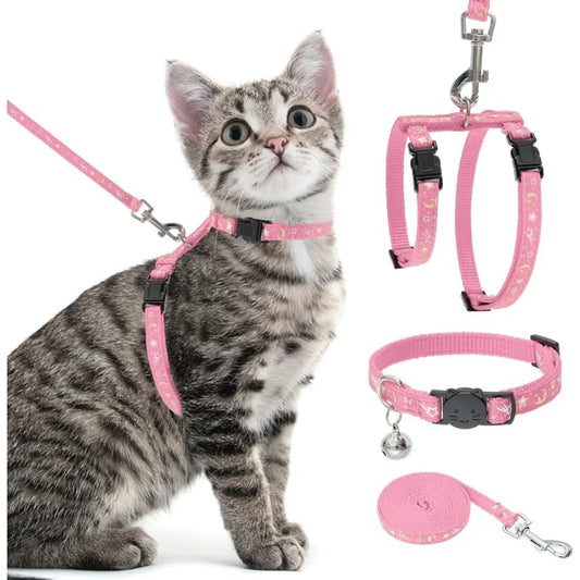Escape Proof Adjustable HShaped Cat Harness with Leash and Collar Set Featuring Star and Moon Pattern Glow in the Dark Design I