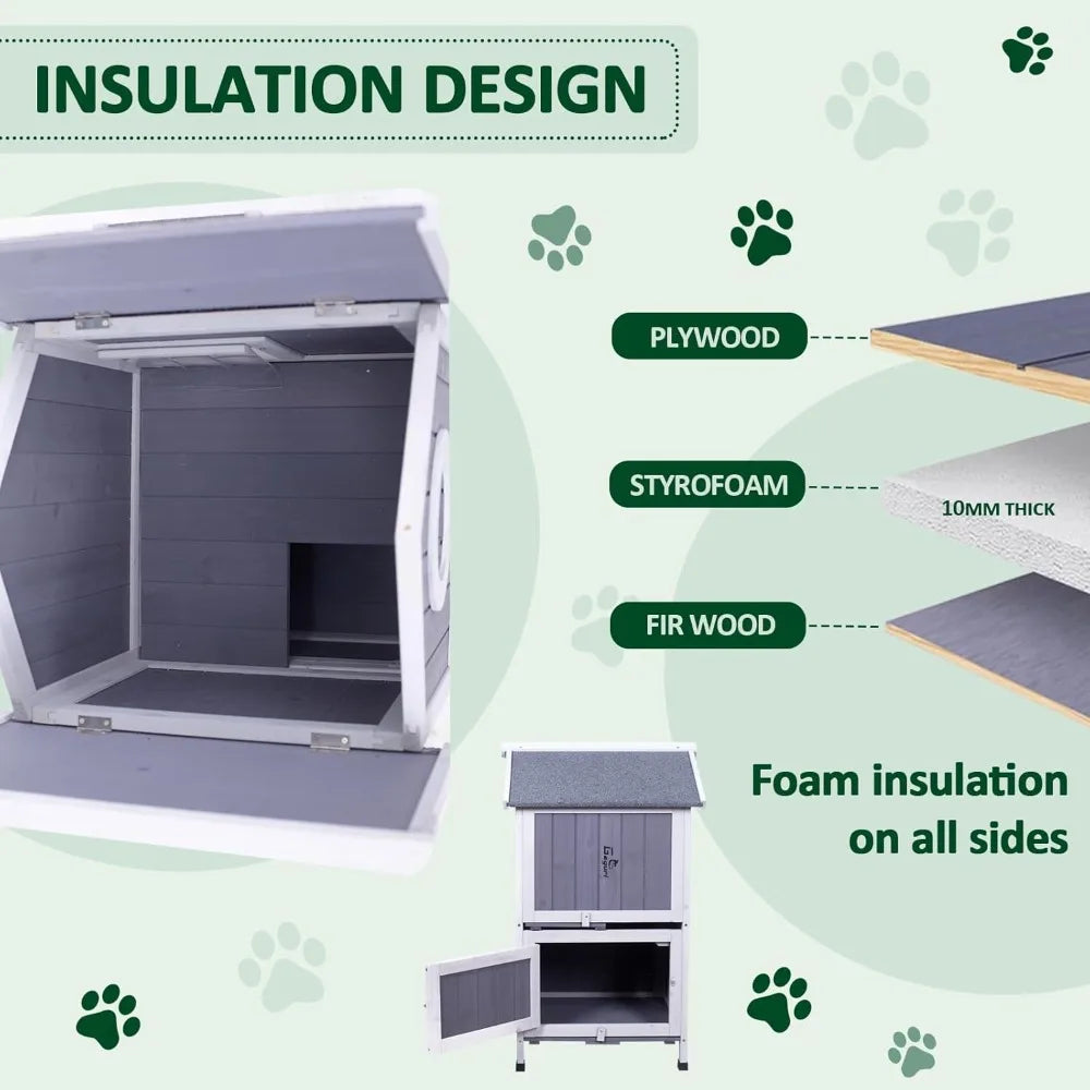 Two-Story Insulated Outdoor Heated Cat House for Winter, Shelter for Feral Cats with Thermal Layer and Removable Roof