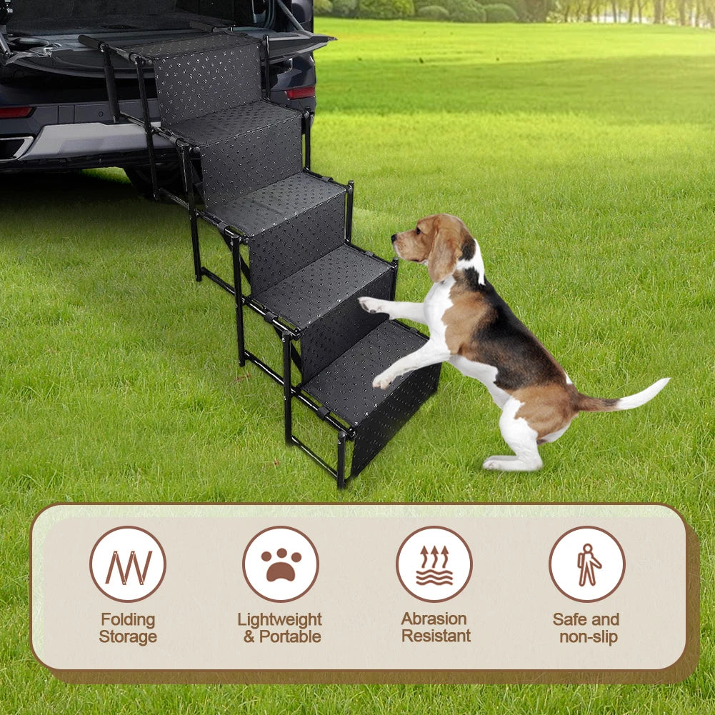 5 Steps Foldable Large Dog Step Car Dog Stairs Support Up To 150 Lbs Lightweight Portable Pet Ladder Ramp for Cars and SUV Truck