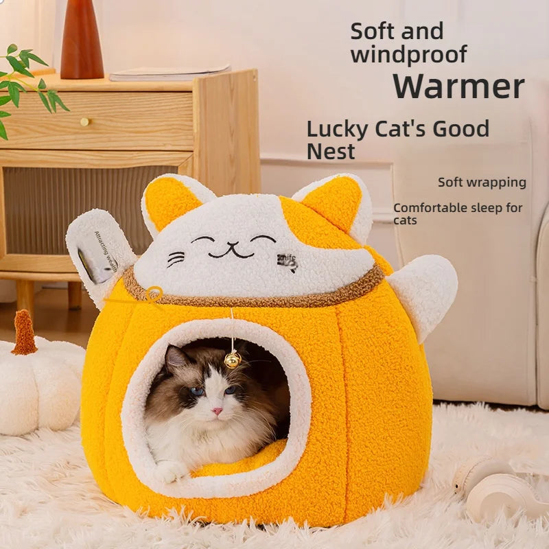 Lucky Fortune Cat Pet Bed - Winter Warm Semi-Open Fleece Round Bed for Cats & Dogs | Cozy Lucky Pet House, Soft Cushioned Kennel