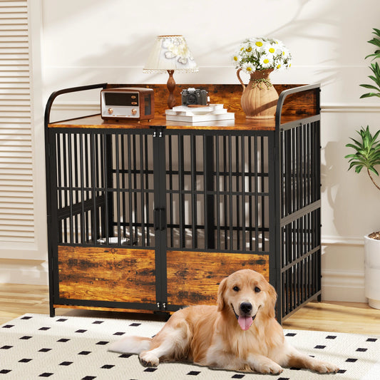 JDPAG Large Dog Crate, Dog Kennel Furniture Indoor with 2 Adjustable Bowls, Heavy Duty Dog Cage,
