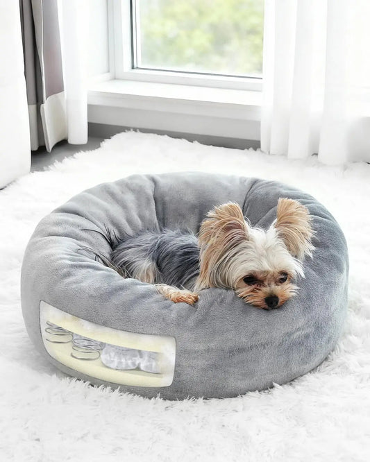Donut Dog Bed with Pocketed Coils, Detachable Washable Puppy Bed, Round Flannel Anti-Anxiety Pet Bed, 20 in, Gray