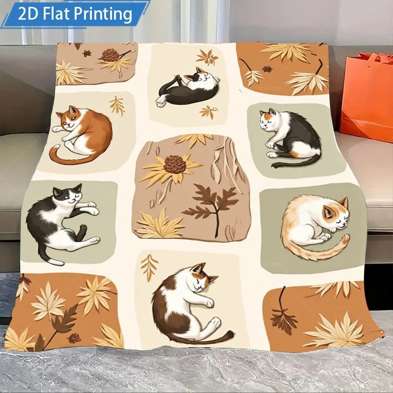 1pc Flannel Blanket Cute Sleeping Cats Blanket Autumn Leaves Pattern Soft Cozy Throw for Couch Bed Home Decor