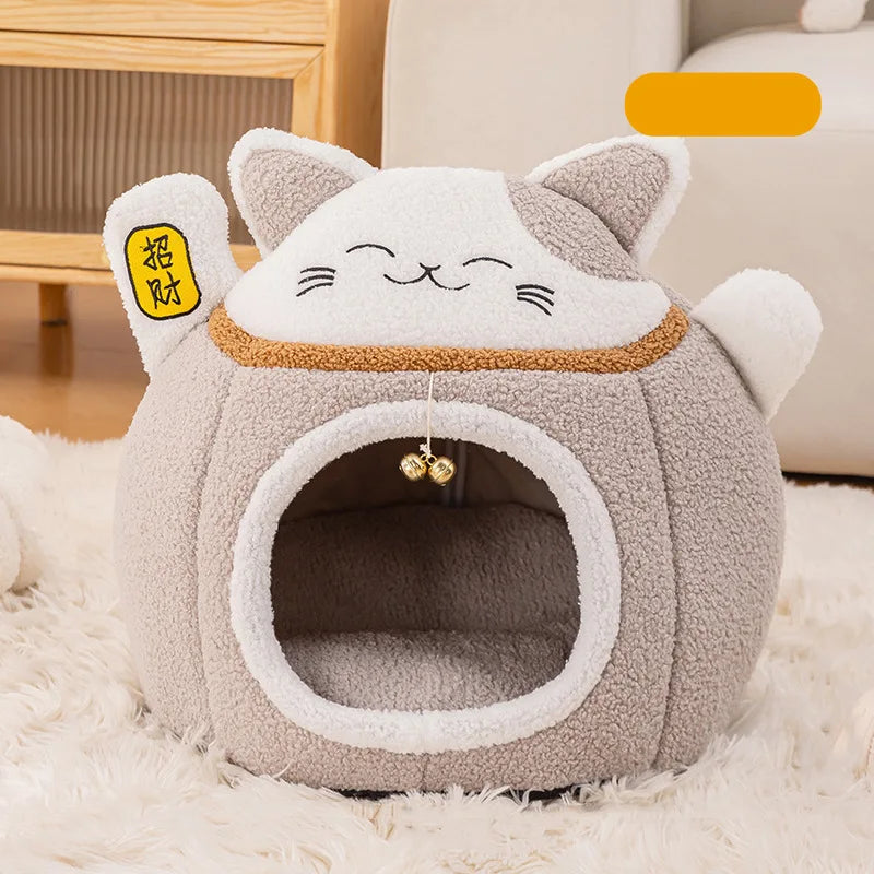 Lucky Fortune Cat Pet Bed - Winter Warm Semi-Open Fleece Round Bed for Cats & Dogs | Cozy Lucky Pet House, Soft Cushioned Kennel