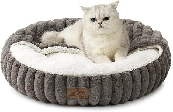Cat Bed with Hooded Blanket, Round Fluffy Anti-Anxiety Pet Bed for Cats/Small Dogs, Cozy Donut Cuddler with Machine Washable Fau