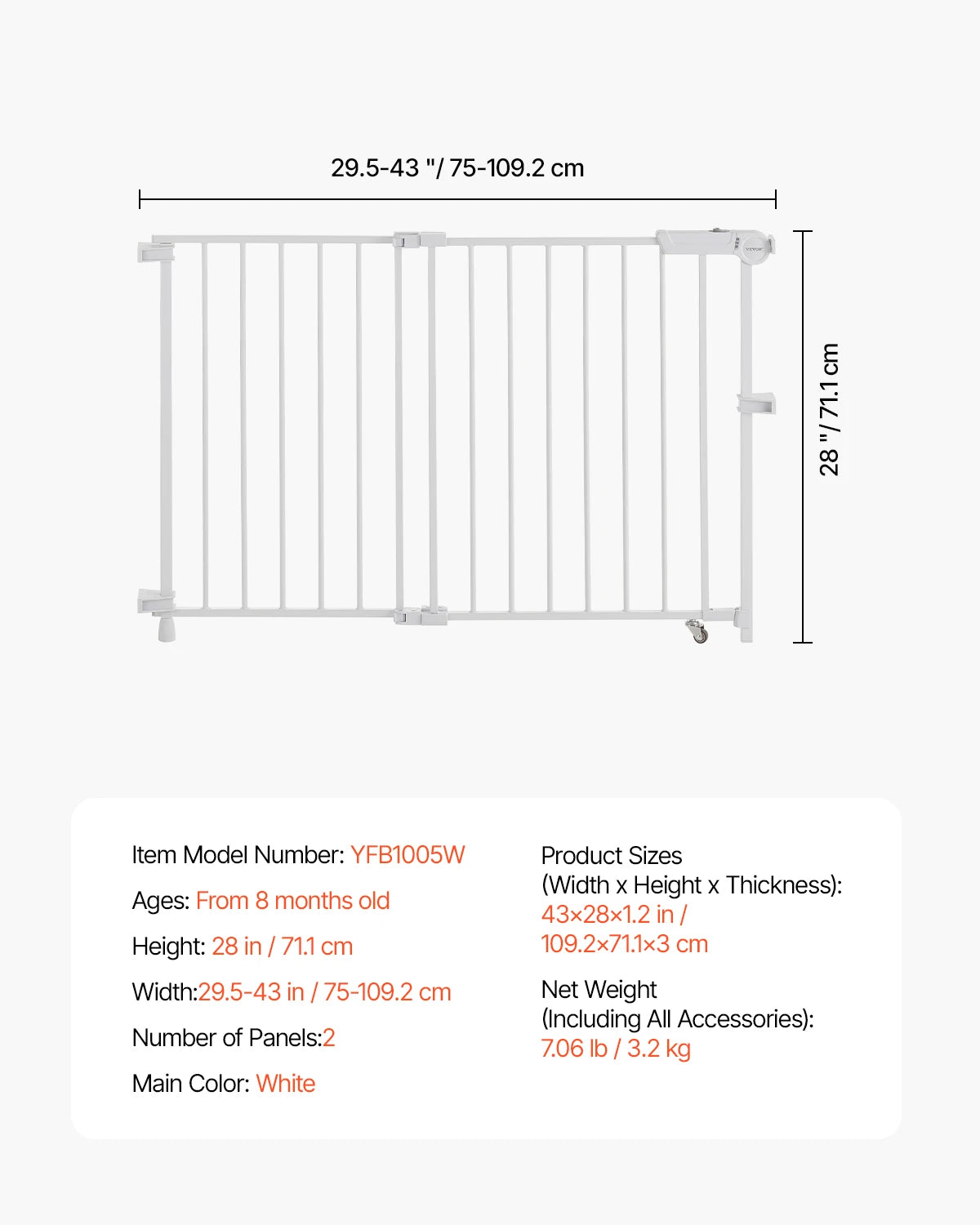 Baby Gate 29.5-43 Inches Adjustable Width 28 Inches High Dog Gate No Threshold Bar Easy Step Walk for Child Pet Security