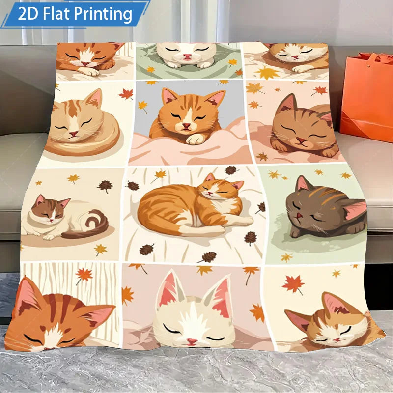 1pc Flannel Blanket Cute Sleeping Cats Blanket Autumn Leaves Pattern Soft Cozy Throw for Couch Bed Home Decor