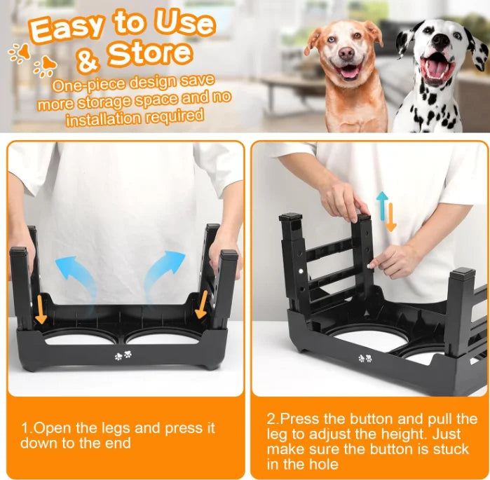 2 Thick 50oz Stainless Steel Food Bowls 4 Height Adjustable Raised Bowl Foldable Pet Rack Dog Food Bowl Feeding Black