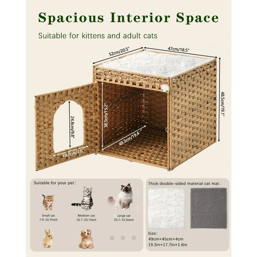 Cat Beds for Indoor Cats Extra Large Double Cat Cave Pet Cube, Handwoven Rattan Cat Houses with Double-Sided Soft Cushions, 18.5