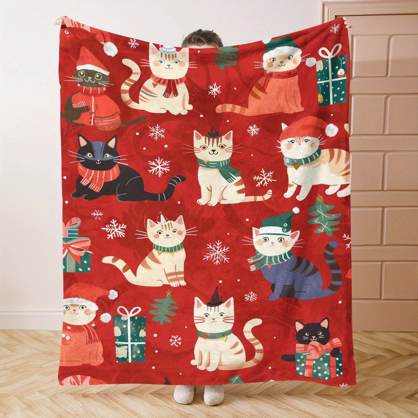 1pc Christmas Cats Flannel Throw Blanket, Soft Polyester, Contemporary Style, Digital Print, Lightweight, All-Season, for Bed