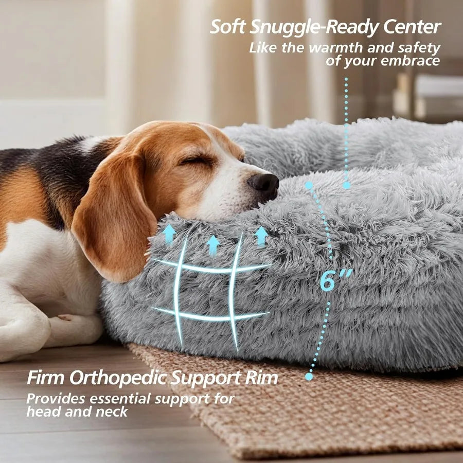 Round Calming Fluffy Plush Faux Fur Cushion Bed for Small Medium Dogs and Indoor Cats with AntiSlip Bottom Donut Cuddler Warmin